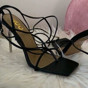 EGO Black Strappy Square Toe Stiletto Sandals